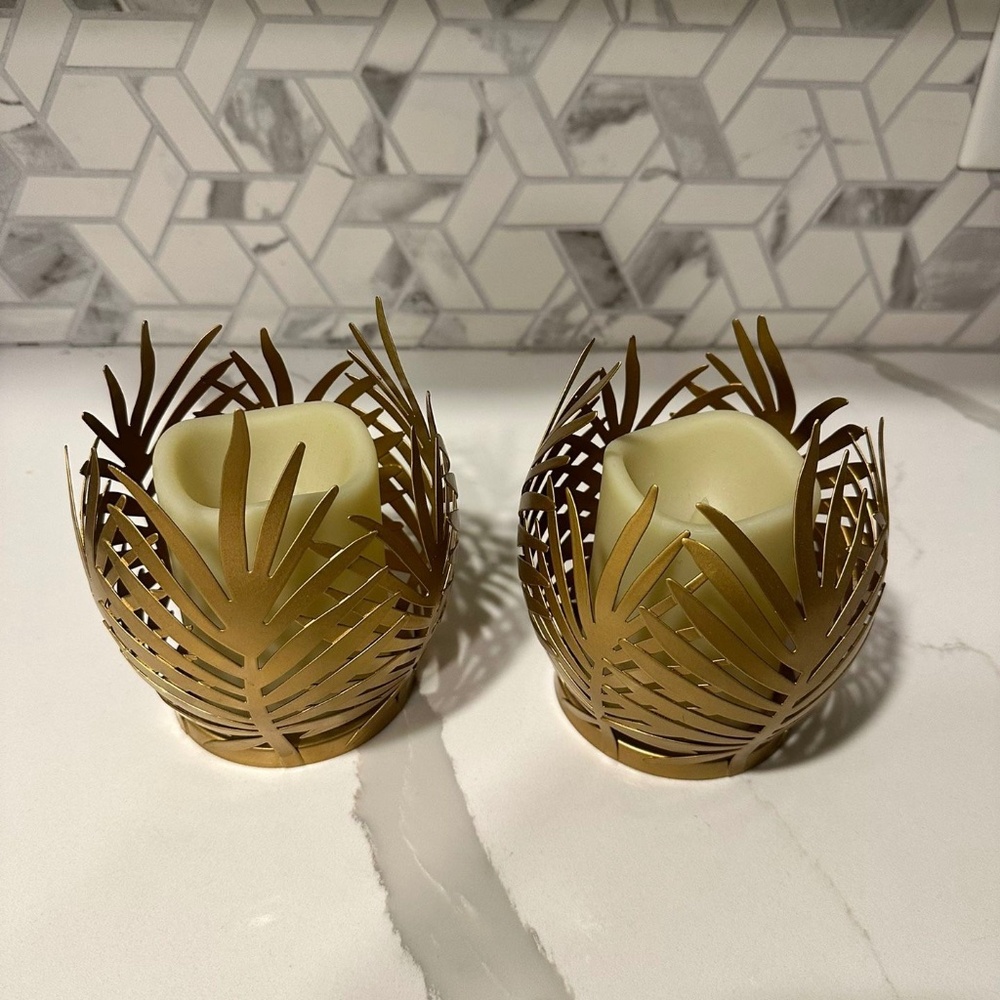 Set of two metal gold palm fern leaf candles Battery operated electric candles